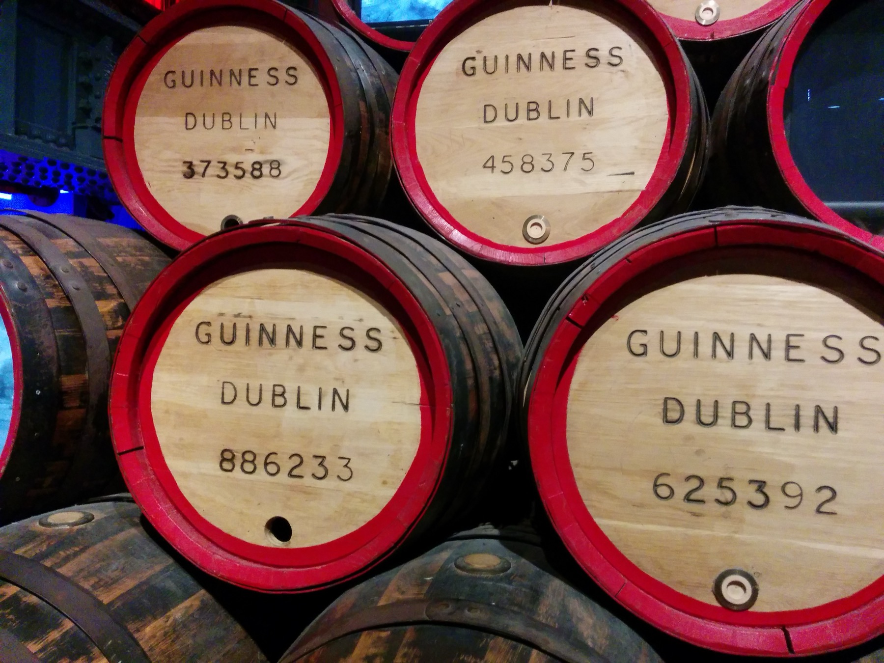 Rows of wooden barrels in a brewery storehouse