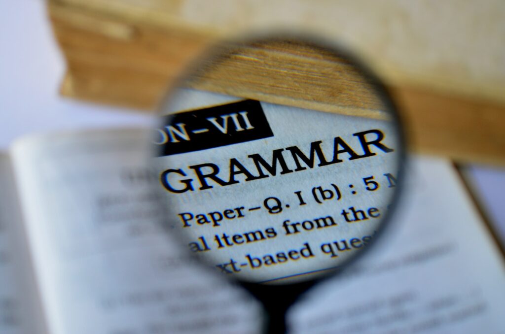 A dictionary open on the term grammar