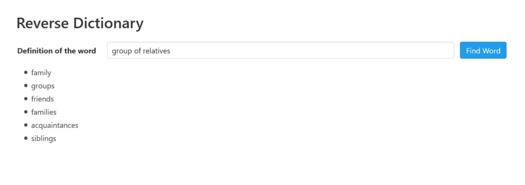 Reverse dictionary web interface