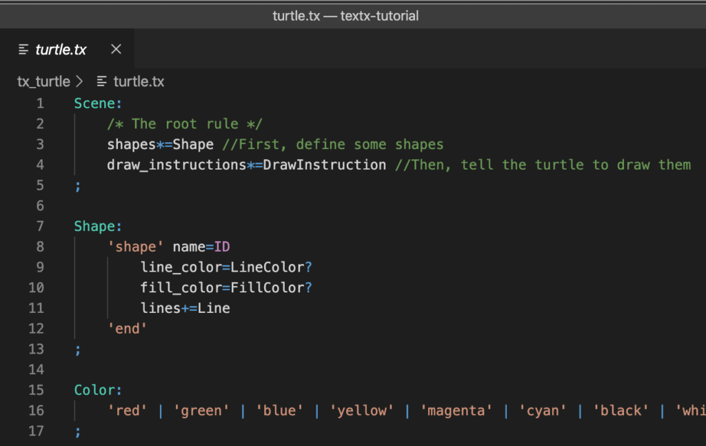 Sample content of the file turtle.tx in Visual Studio Code