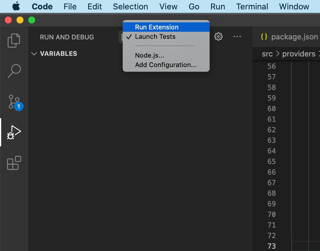 The run/debug menu in VSCode, showing the two options “Run Extension” and “Launch Tests”.