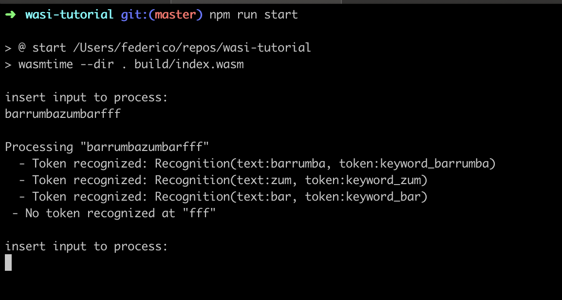 Console output from the WASI lexer example
