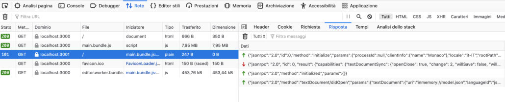 Network panel in the browser's development tools, showing an exchange of JSON-RPC messages