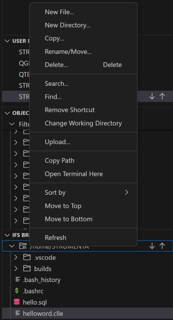 Launch the contextual menu inside the IFS browser, Extract RPG files from AS/400 or System i