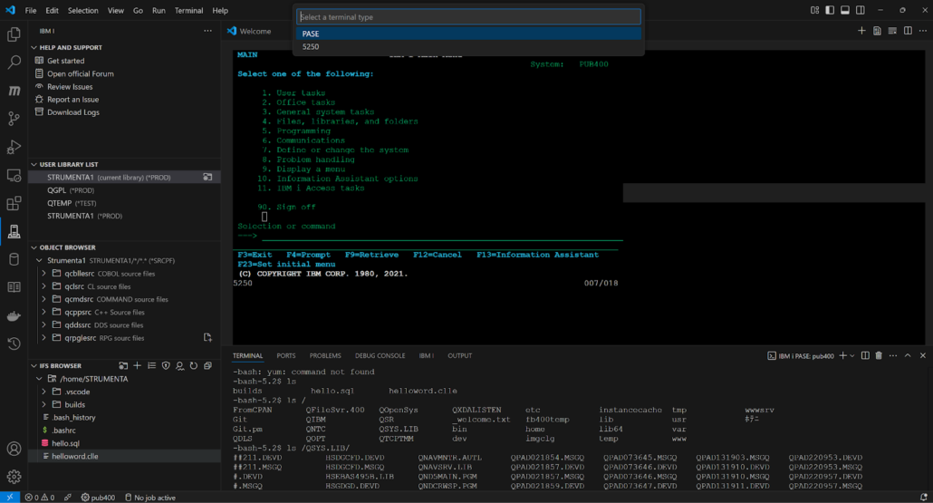 Selecting the PASE type on the RPG extension for VS Code, Extract RPG files from AS/400 or System i