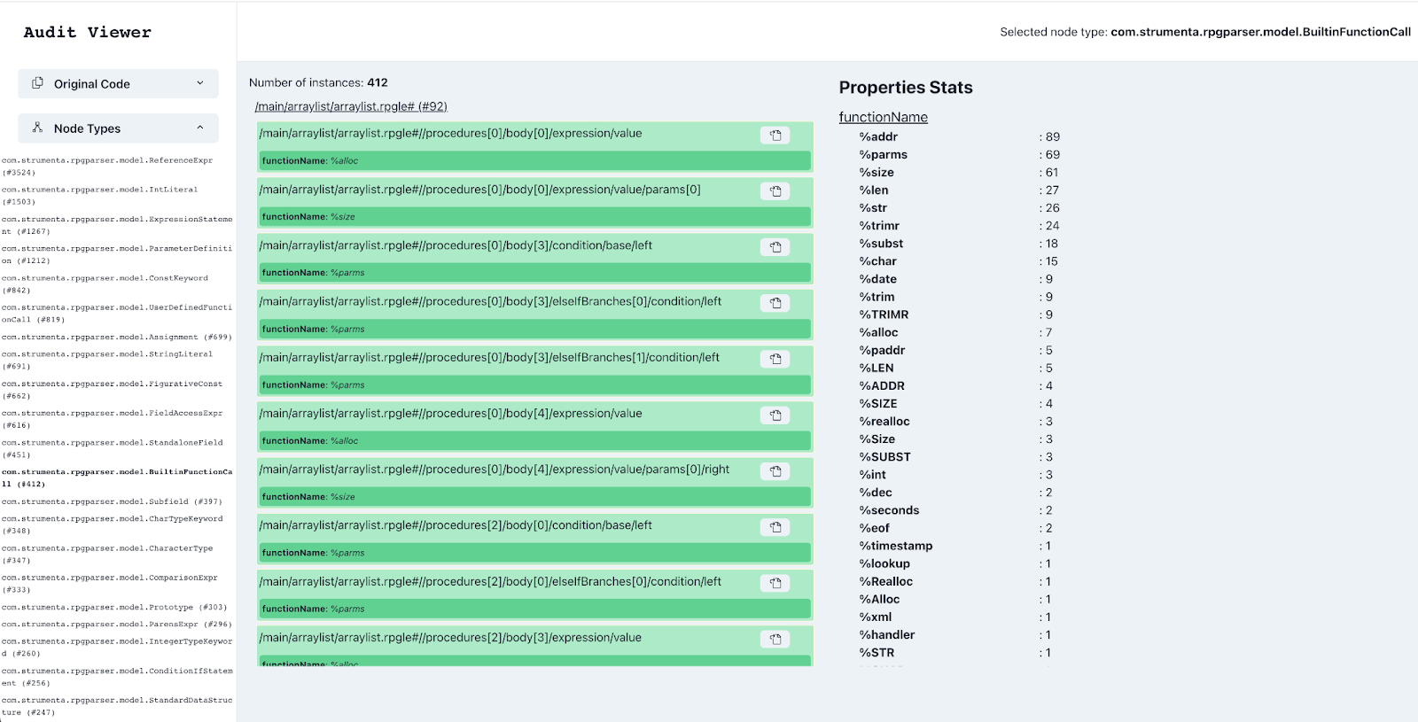 Audit report screen listing how many times each built-in function is used in the analysed codebase