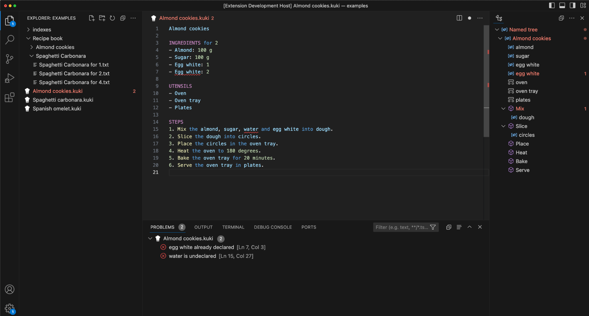 VS Code editing an Almond cookies.kuki recipe file, with the outline of the parsed tree and two semantic errors in the Problems panel