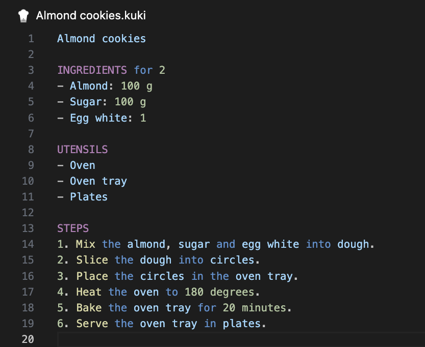 A Kuki recipe file listing ingredients, utensils and steps for almond cookies