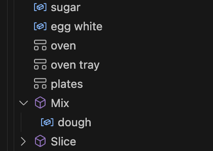VS Code outline view distinguishing ingredients, utensils and steps of a recipe