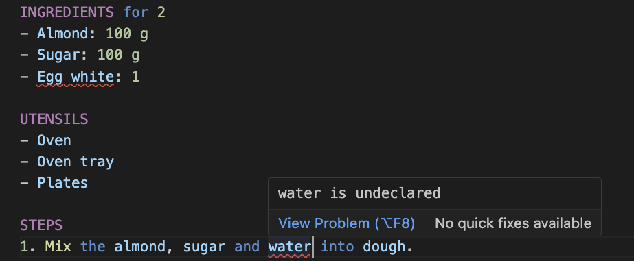 Error diagnostics shown in the editor when semantic validation of a recipe fails