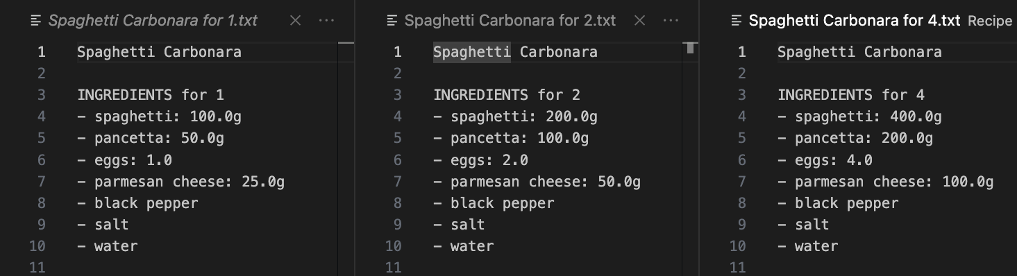 The generated recipe files, scaled for different numbers of servings
