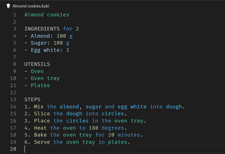 A Kuki recipe file in VS Code with semantic highlighting: recipe title, ingredients and utensils coloured differently
