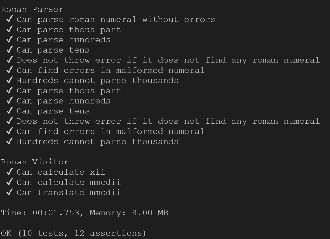 PHPUnit test output with the --testdox option, showing readable test names