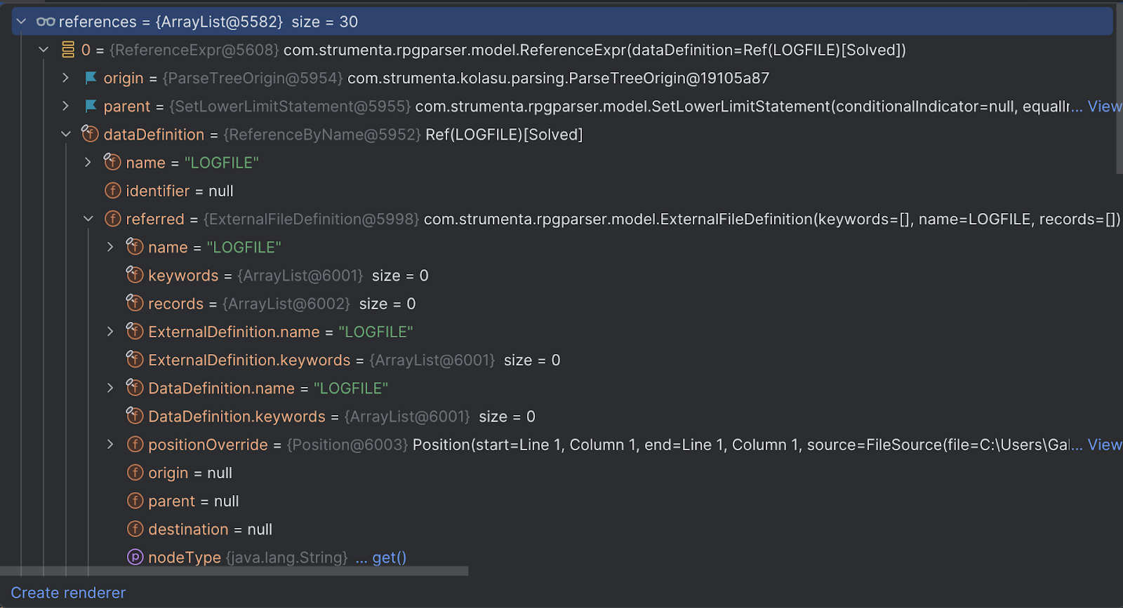 Symbol resolution linking a reference in the RPG source code to its definition