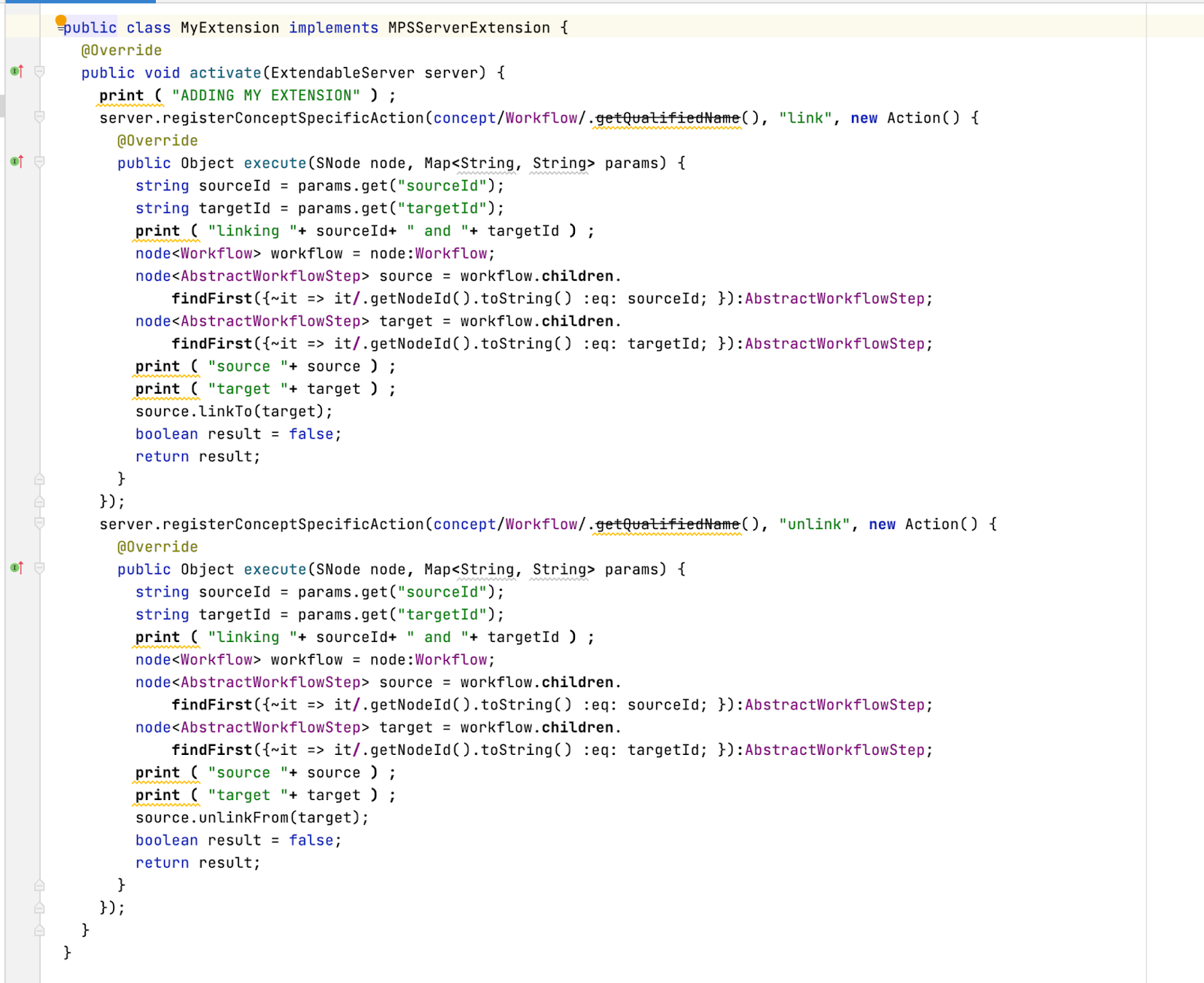 The MPS code implementing the logic exposed as actions through MPSServer