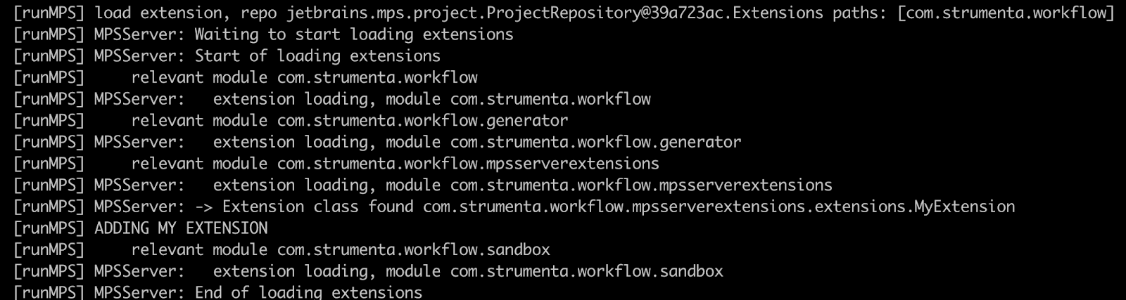 MPSServer logs confirming that the extension was found and loaded