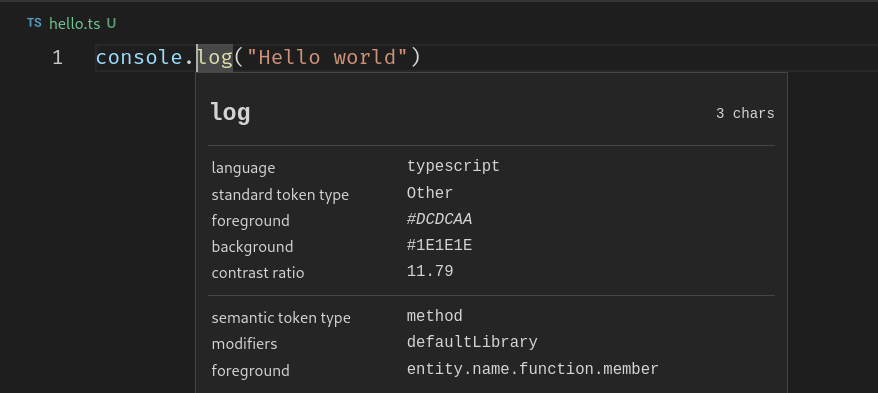 VS Code scope inspector showing the syntactic and semantic scopes assigned to a token