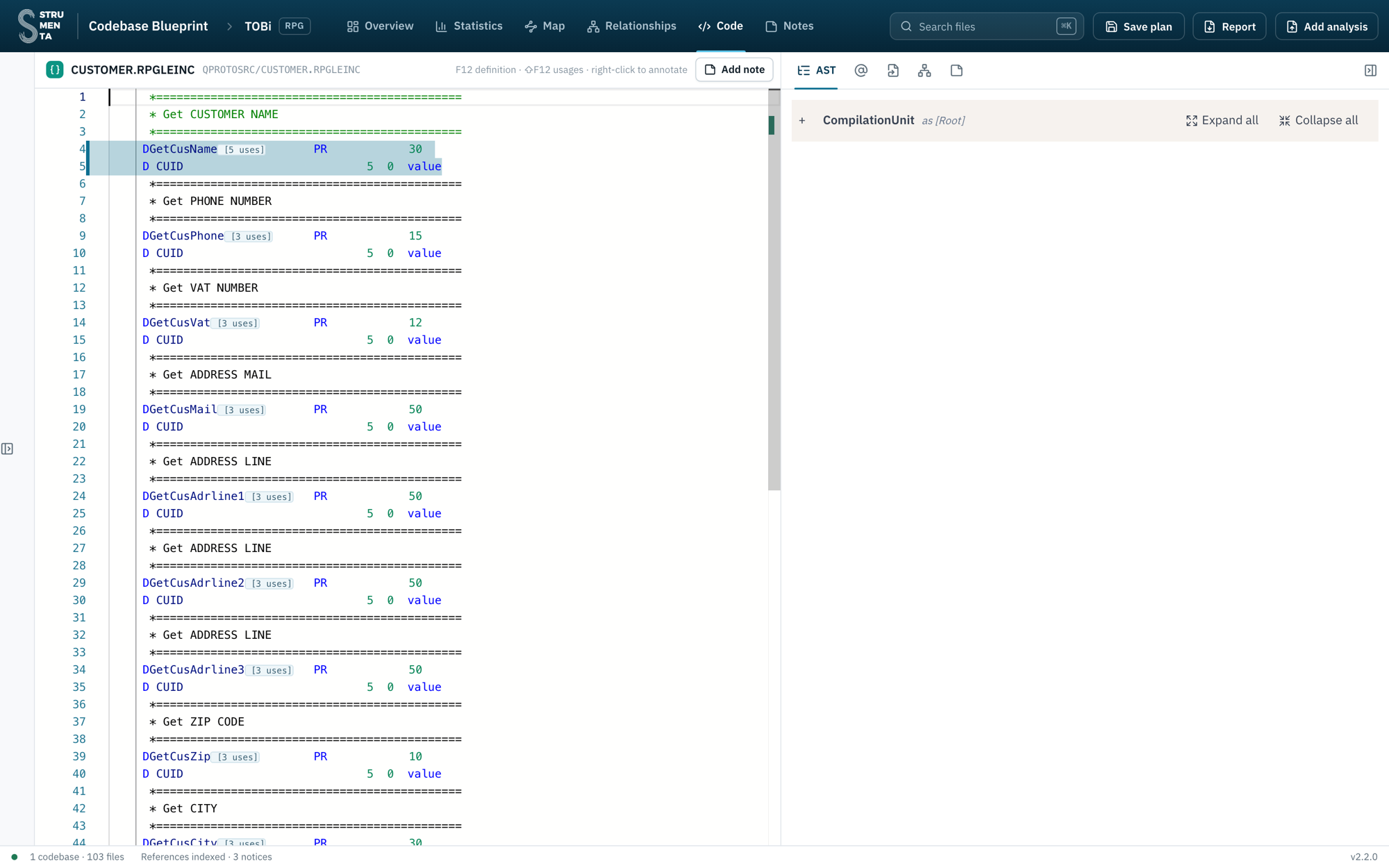 The prototype of GetCusName in CUSTOMER.RPGLEINC: PR 30